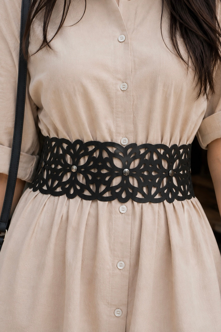 Leather Cutwork Reversible Wide Waist Belt with Rivets - Black and Camel