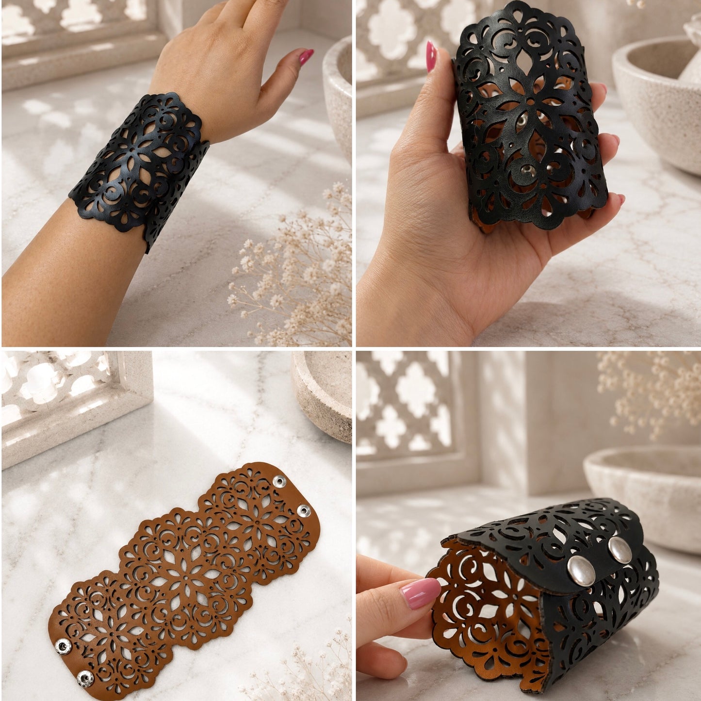 Leather Statement Cutwork Reversible Cuff Bracelet - Black and Camel