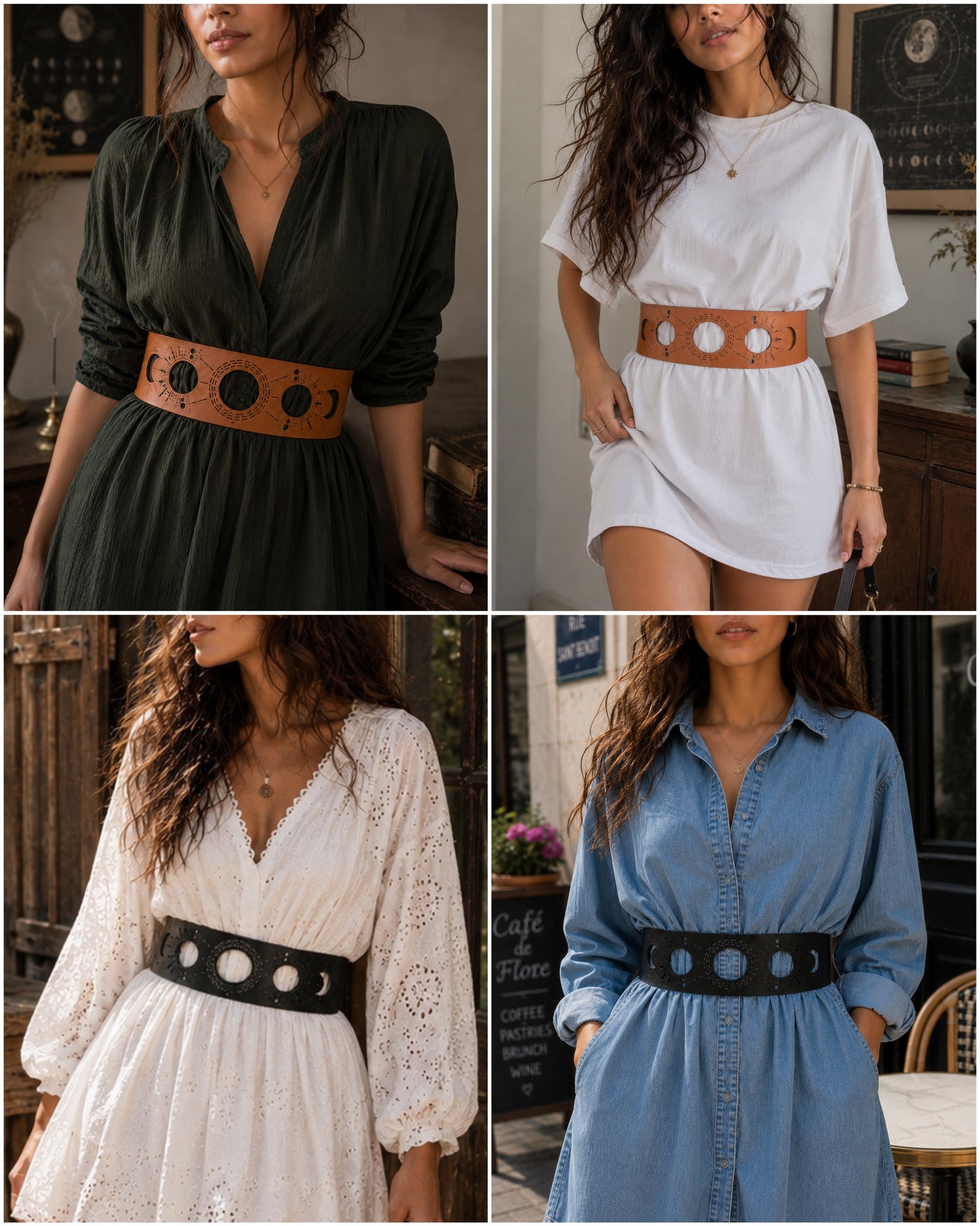 Leather Cutwork Reversible Wide Moon Waist Belt - Black and Camel