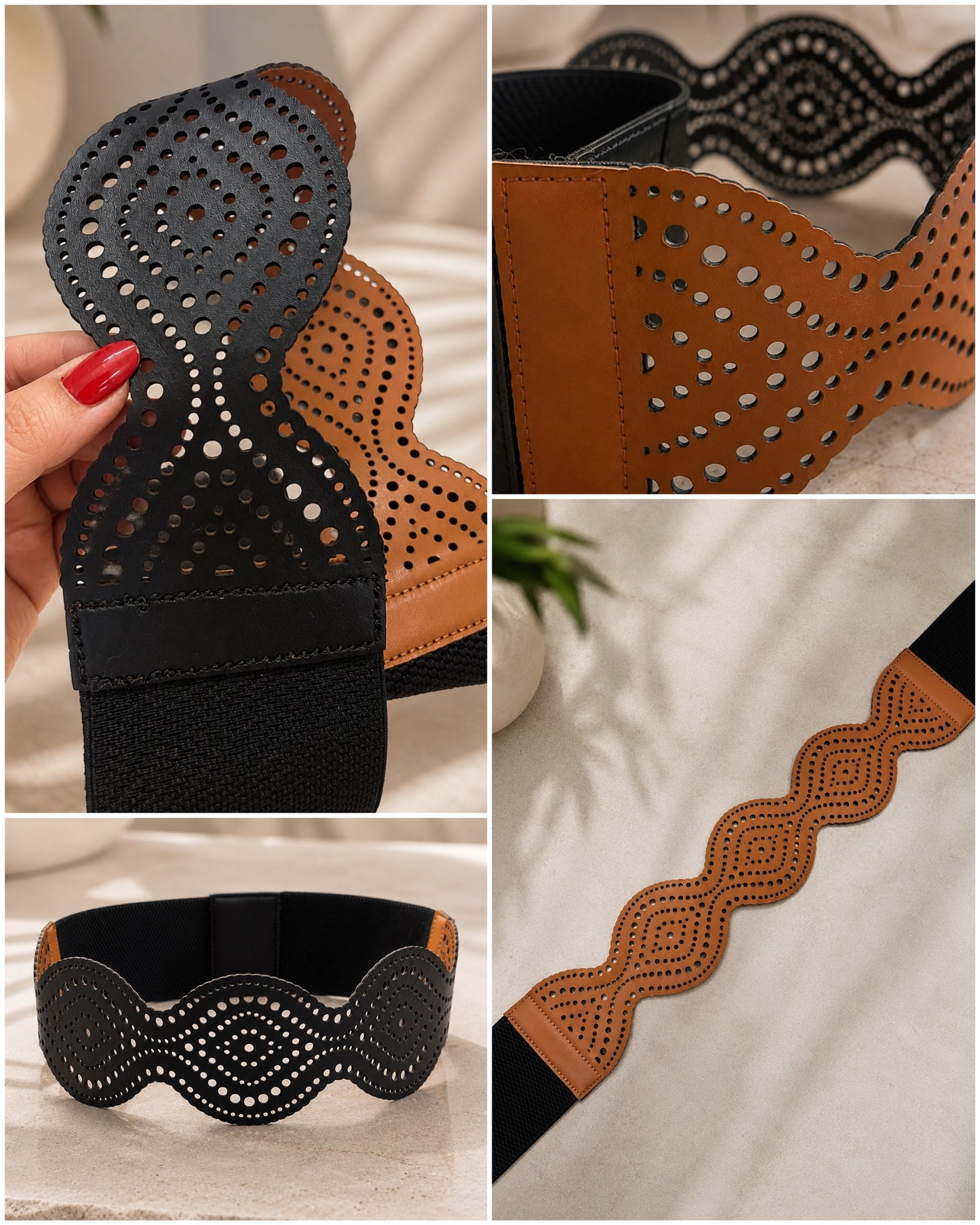 Leather Cutwork Reversible Chic Wide Waist Belt - Black and Camel