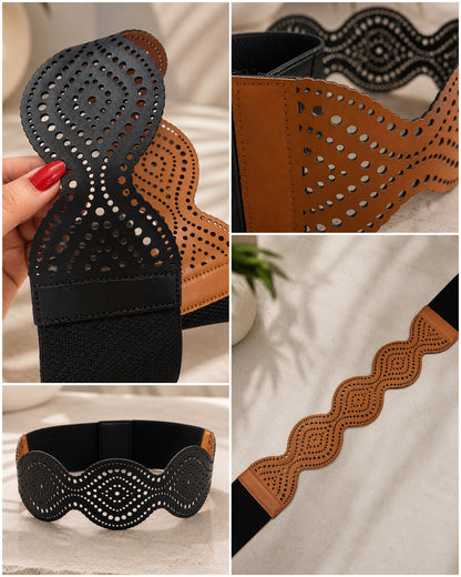 Leather Cutwork Reversible Chic Wide Waist Belt - Black and Camel