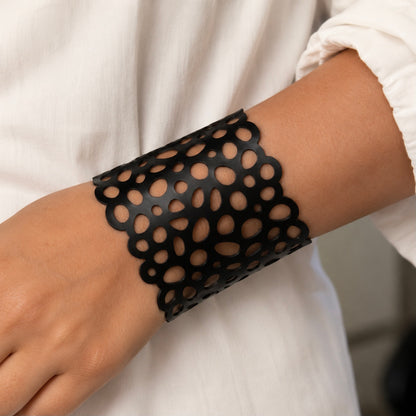 Leather Statement Cutwork Reversible Cuff Bracelet - Black and Camel