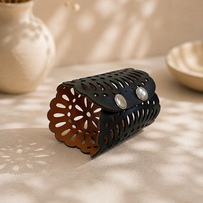 Leather Statement Cutwork Reversible Cuff Bracelet - Black and Camel