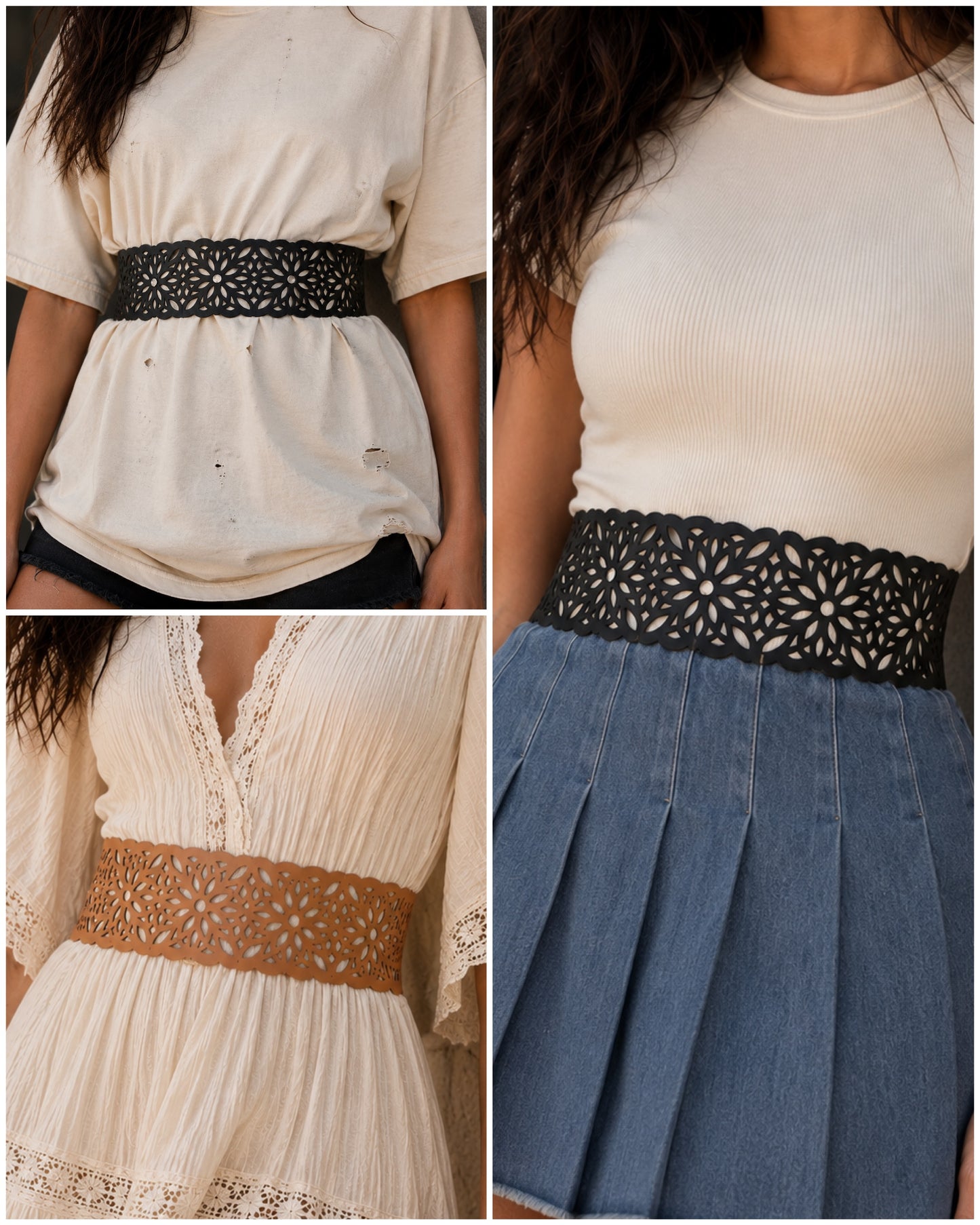 Leather Floral Cutwork Reversible Wide Waist Belt with Rivets - Black and Camel