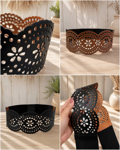 Leather Cutwork Reversible Fun Wide Waist Belt - Black and Camel