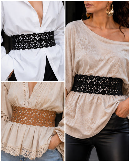 Leather Floral Cutwork Reversible Wide Waist Belt - Black and Camel