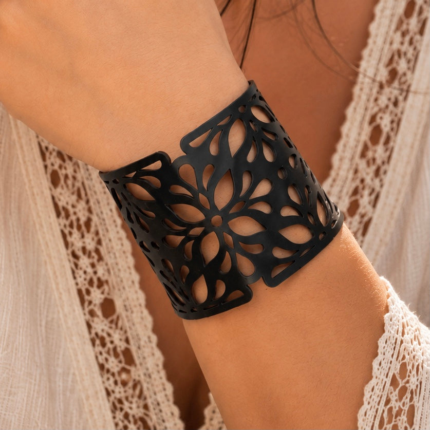 Leather Statement Cutwork Reversible Cuff Bracelet - Black and Camel
