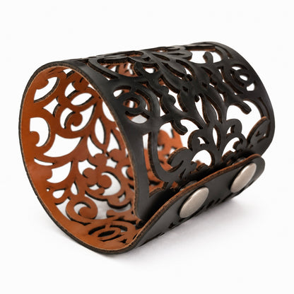 Leather Statement Cutwork Reversible Cuff Bracelet - Black and Camel