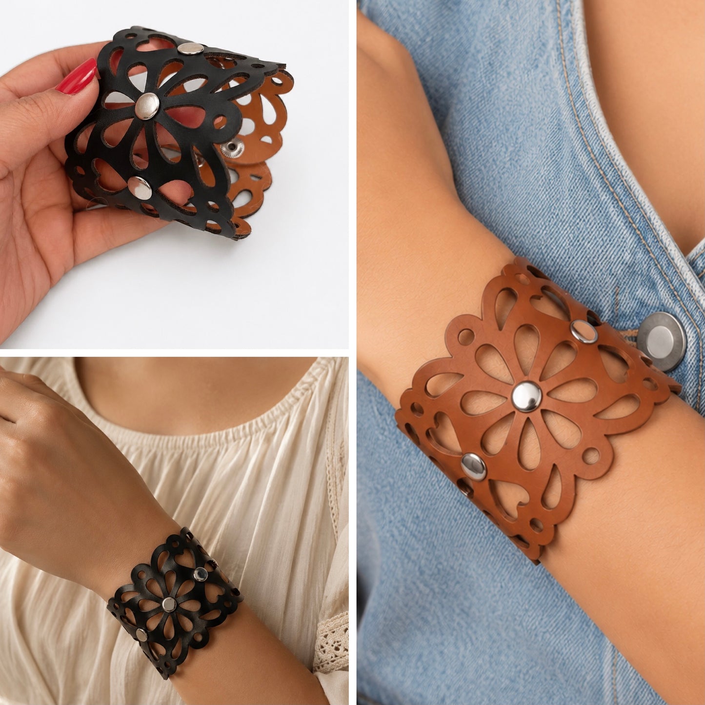 Leather Statement Cutwork Reversible Cuff Bracelet - Black and Camel