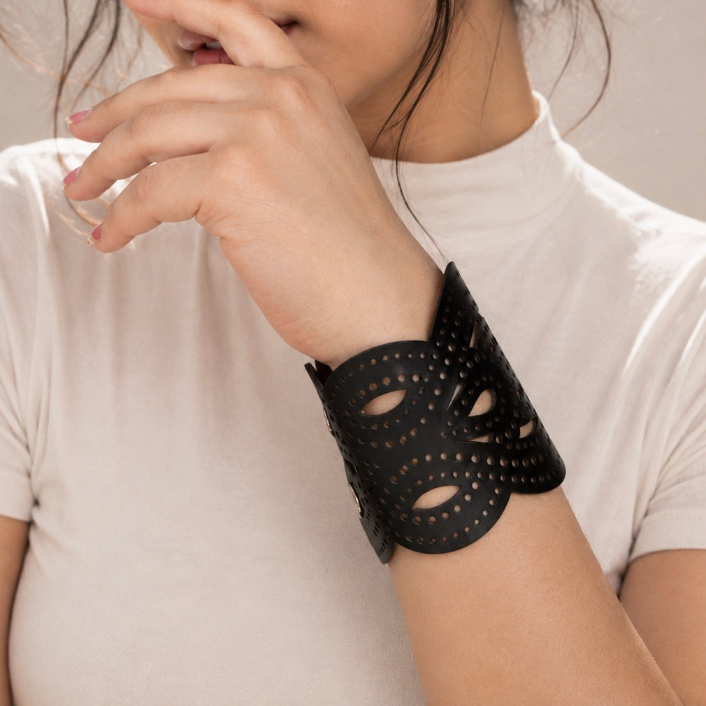 Leather Statement Cutwork Reversible Cuff Bracelet - Black and Camel