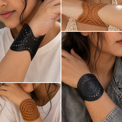 Leather Statement Cutwork Reversible Cuff Bracelet - Black and Camel