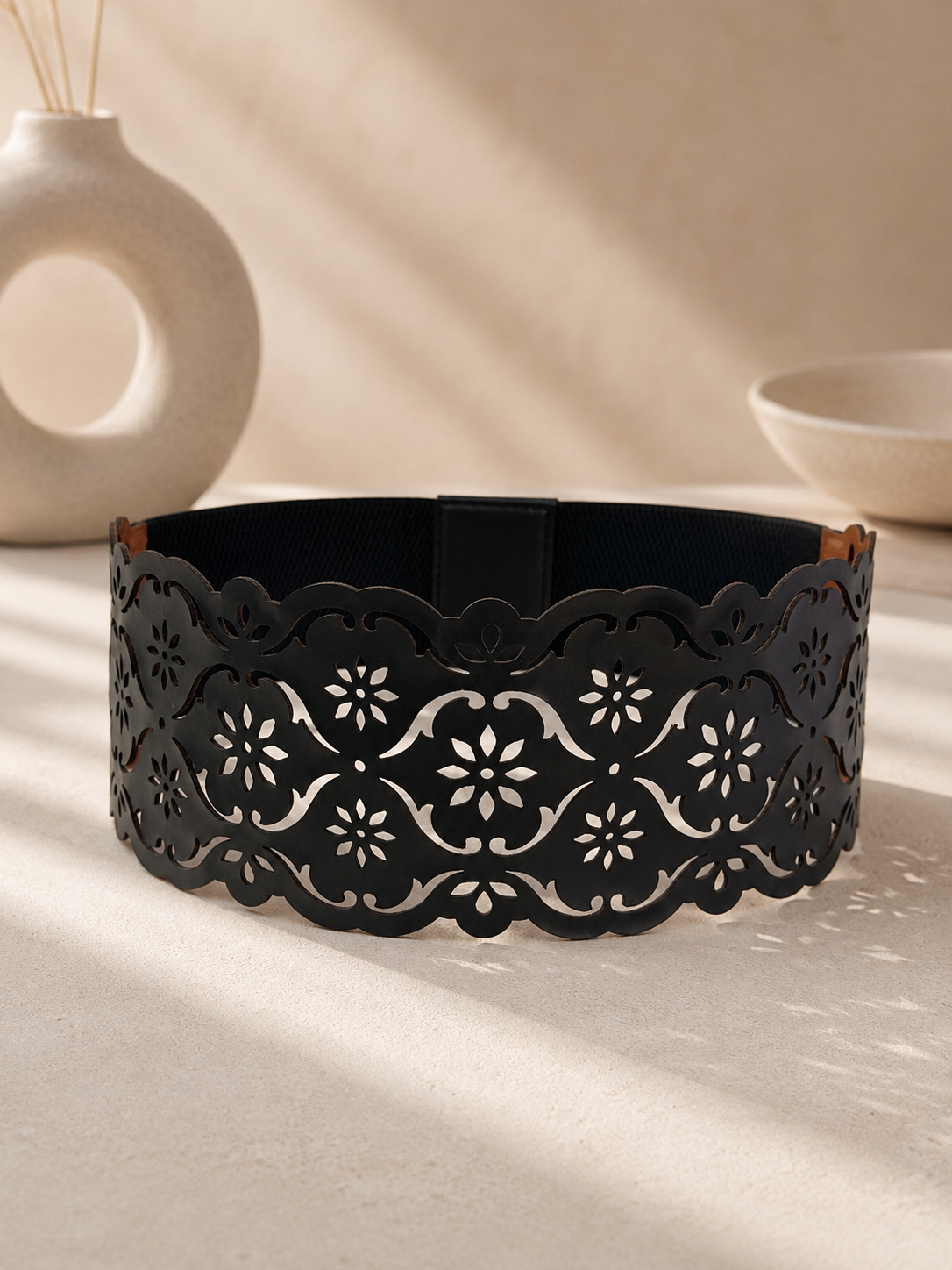 Leather Decorative Cutwork Reversible Wide Waist Belt - Black and Camel
