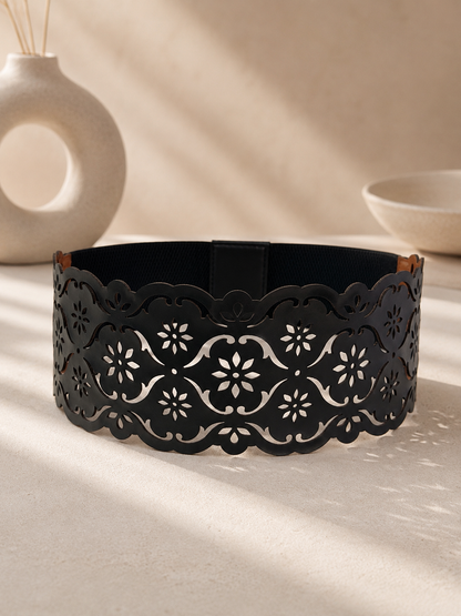 Leather Decorative Cutwork Reversible Wide Waist Belt - Black and Camel