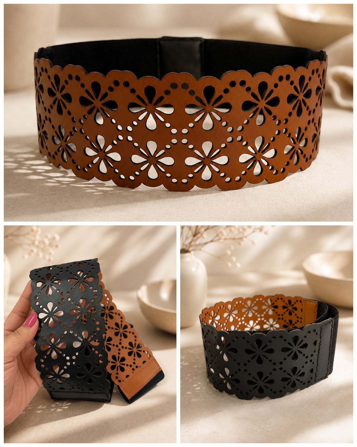 Leather Floral Cutwork Reversible Wide Waist Belt - Black and Camel