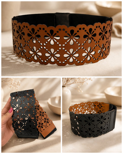 Leather Floral Cutwork Reversible Wide Waist Belt - Black and Camel