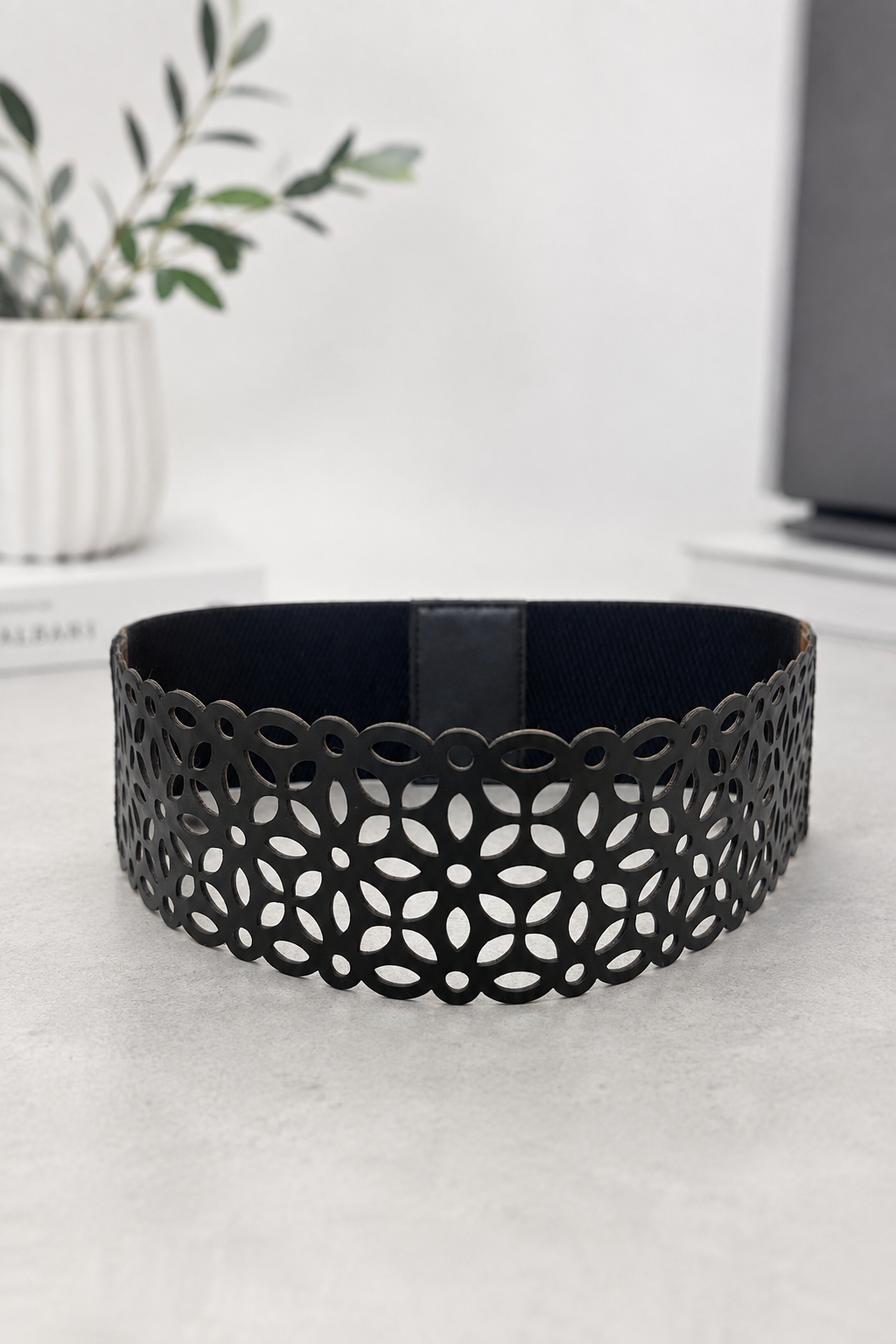 Leather Cutwork Reversible Smart Wide Waist Belt - Black and Camel