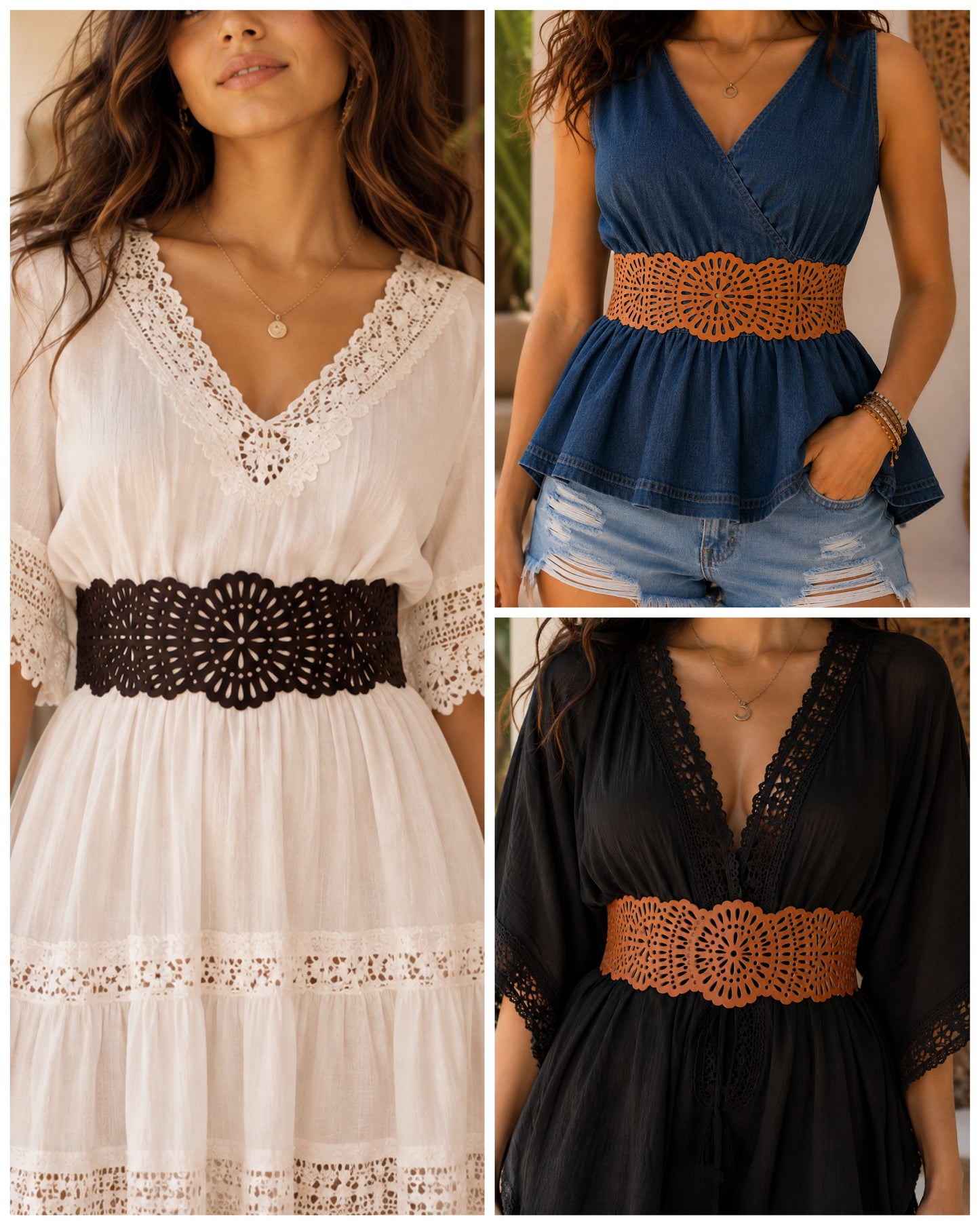 Leather Scalloped Cutwork Reversible Wide Waist Belt - Black and Camel