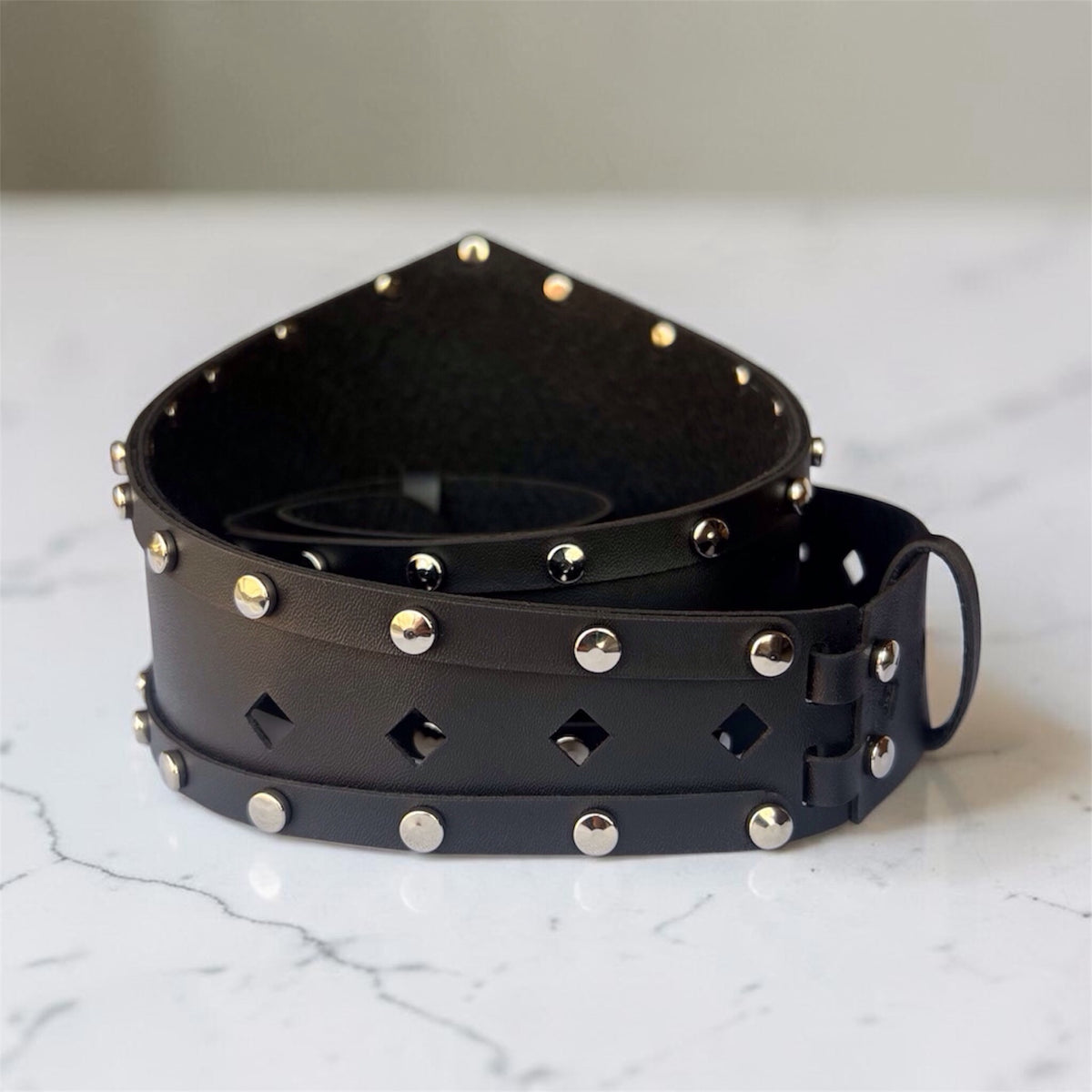 Women's Wide Leather Black Belt - Studded Waist Belt
