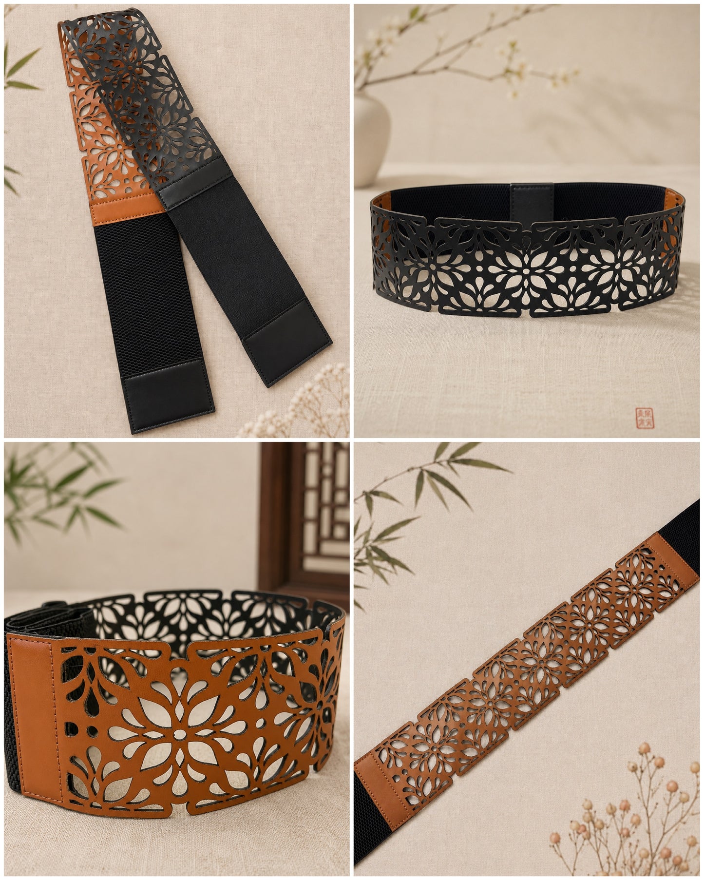 Leather Cutwork Reversible Oriental Wide Waist Belt - Black and Camel
