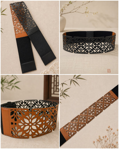 Leather Cutwork Reversible Oriental Wide Waist Belt - Black and Camel