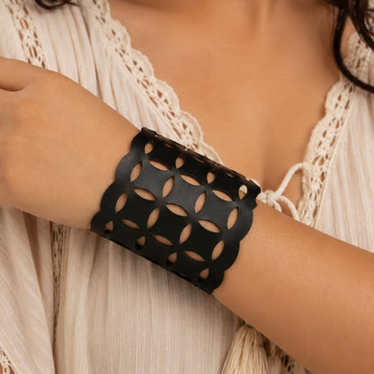 Leather Statement Cutwork Reversible Cuff Bracelet - Black and Camel