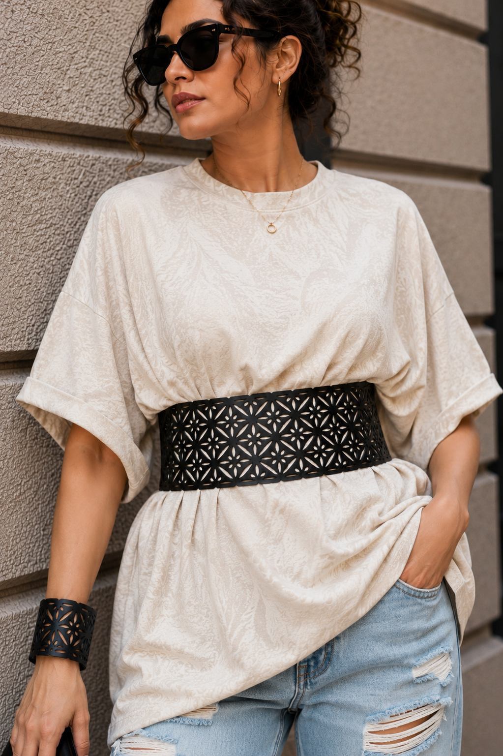 Leather Chic Cutwork Reversible Wide Waist Belt - Black and Camel