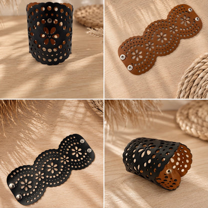 Leather Statement Cutwork Reversible Cuff Bracelet - Black and Camel