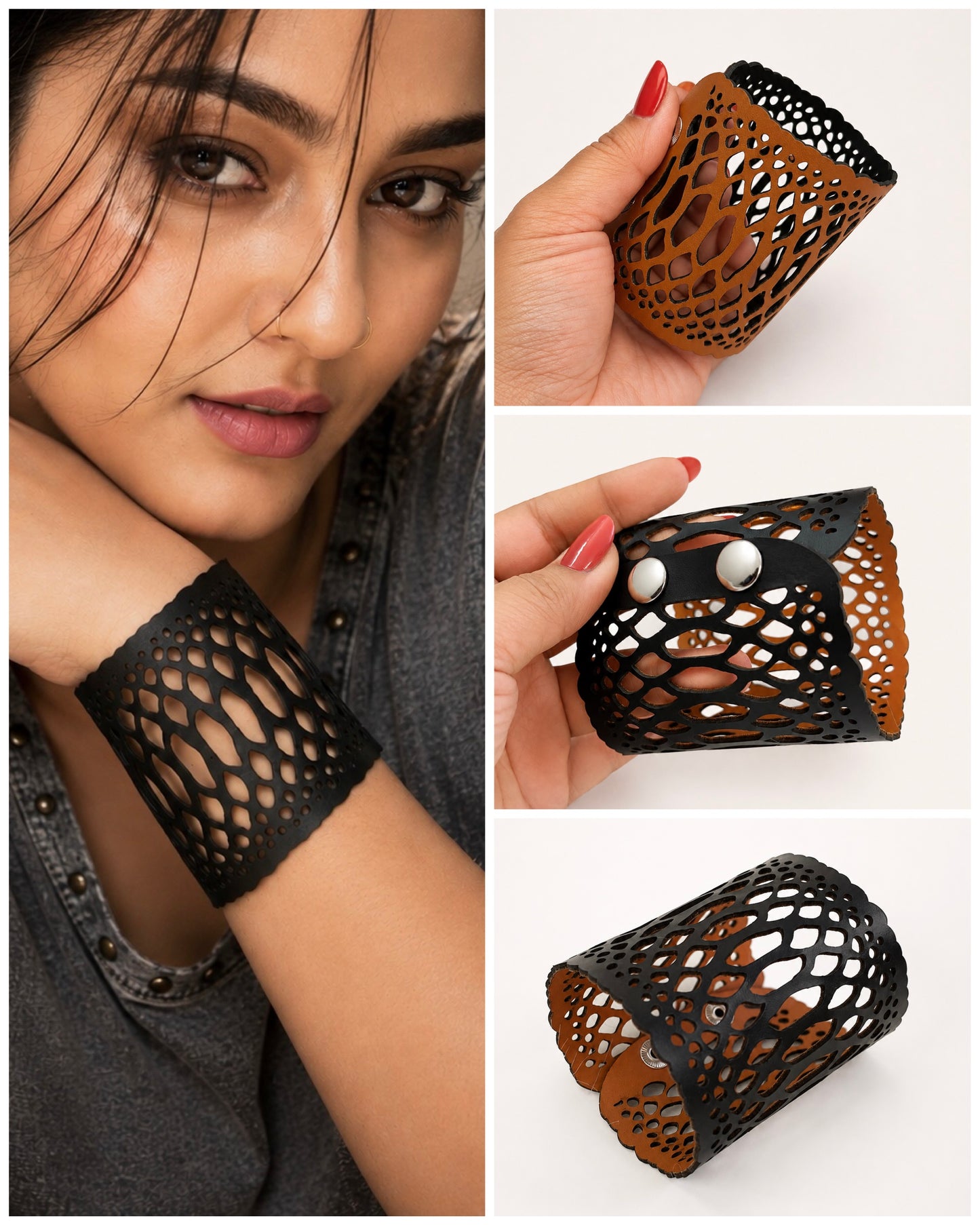 Leather Statement Cutwork Reversible Cuff Bracelet - Black and Camel