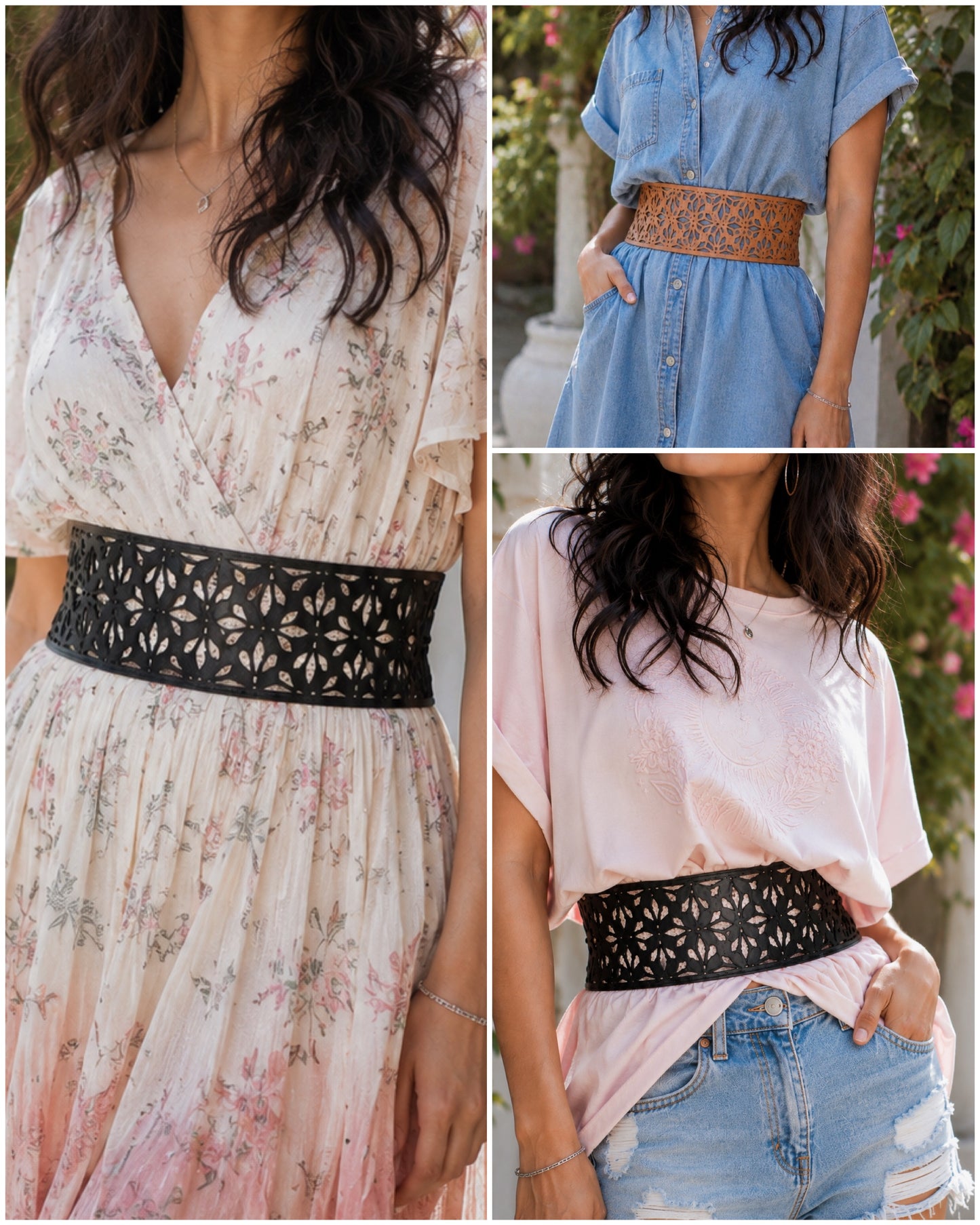 Leather Cutwork Reversible Wide Waist Belt - Black and Camel