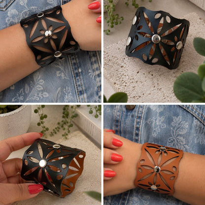 Leather Statement Cutwork Reversible Cuff Bracelet - Black and Camel