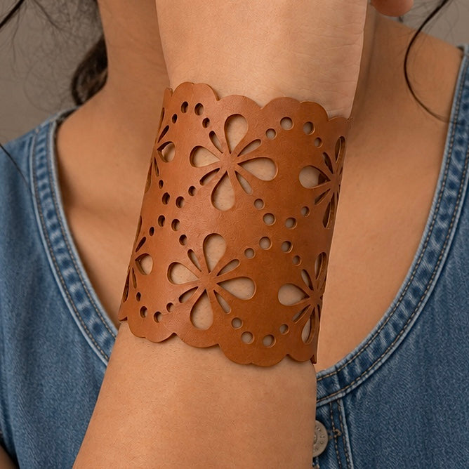 Leather Statement Cutwork Reversible Cuff Bracelet - Black and Camel