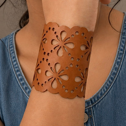 Leather Statement Cutwork Reversible Cuff Bracelet - Black and Camel