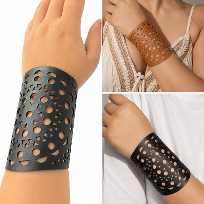 Leather Statement Cutwork Reversible Cuff Bracelet - Black and Camel