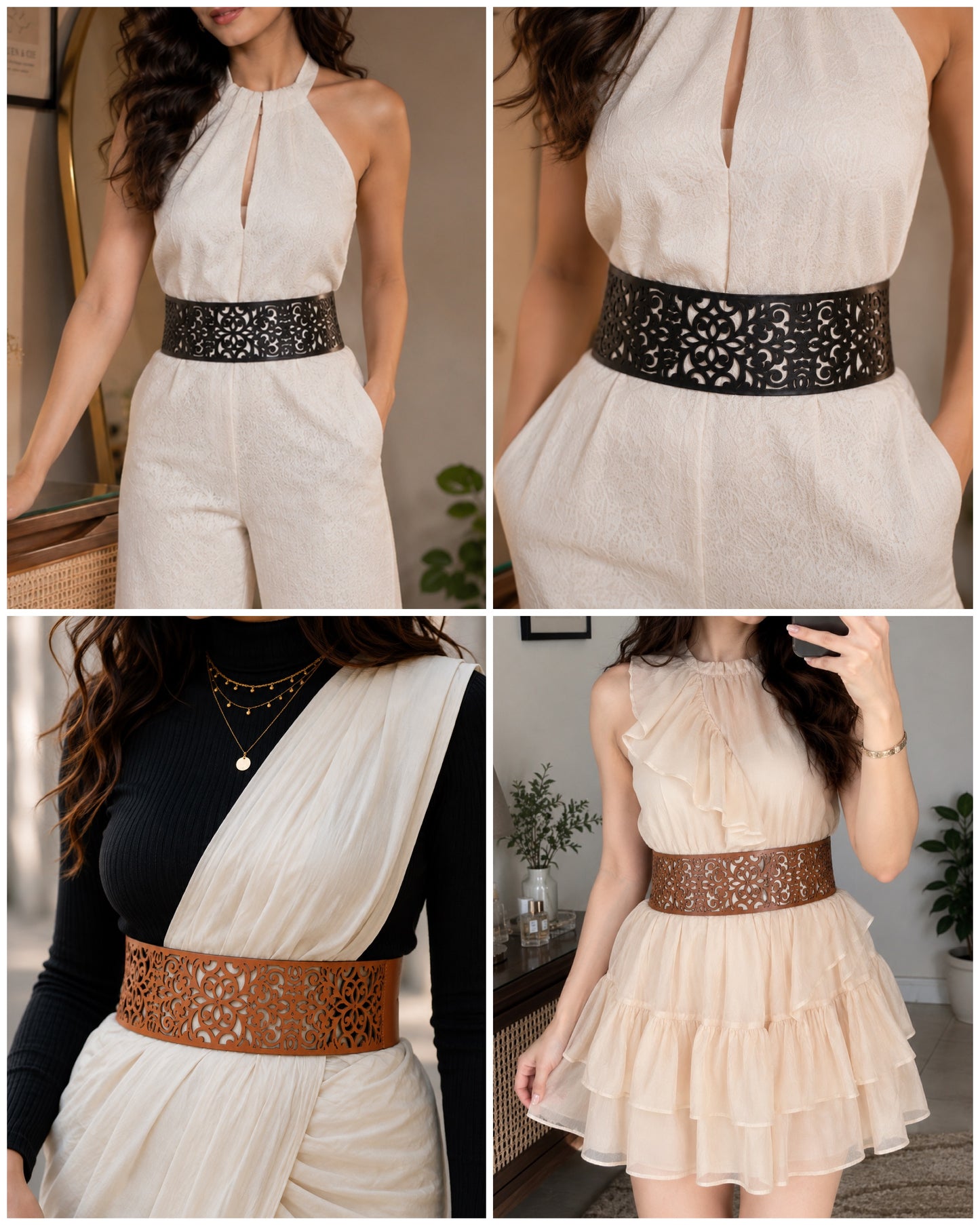 Leather decorative Cutwork Reversible Wide Waist Belt - Black and Camel