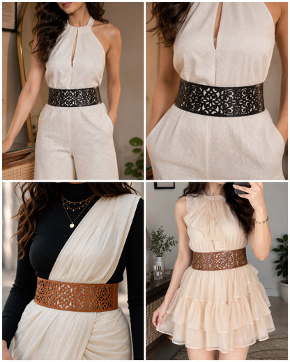Leather decorative Cutwork Reversible Wide Waist Belt - Black and Camel