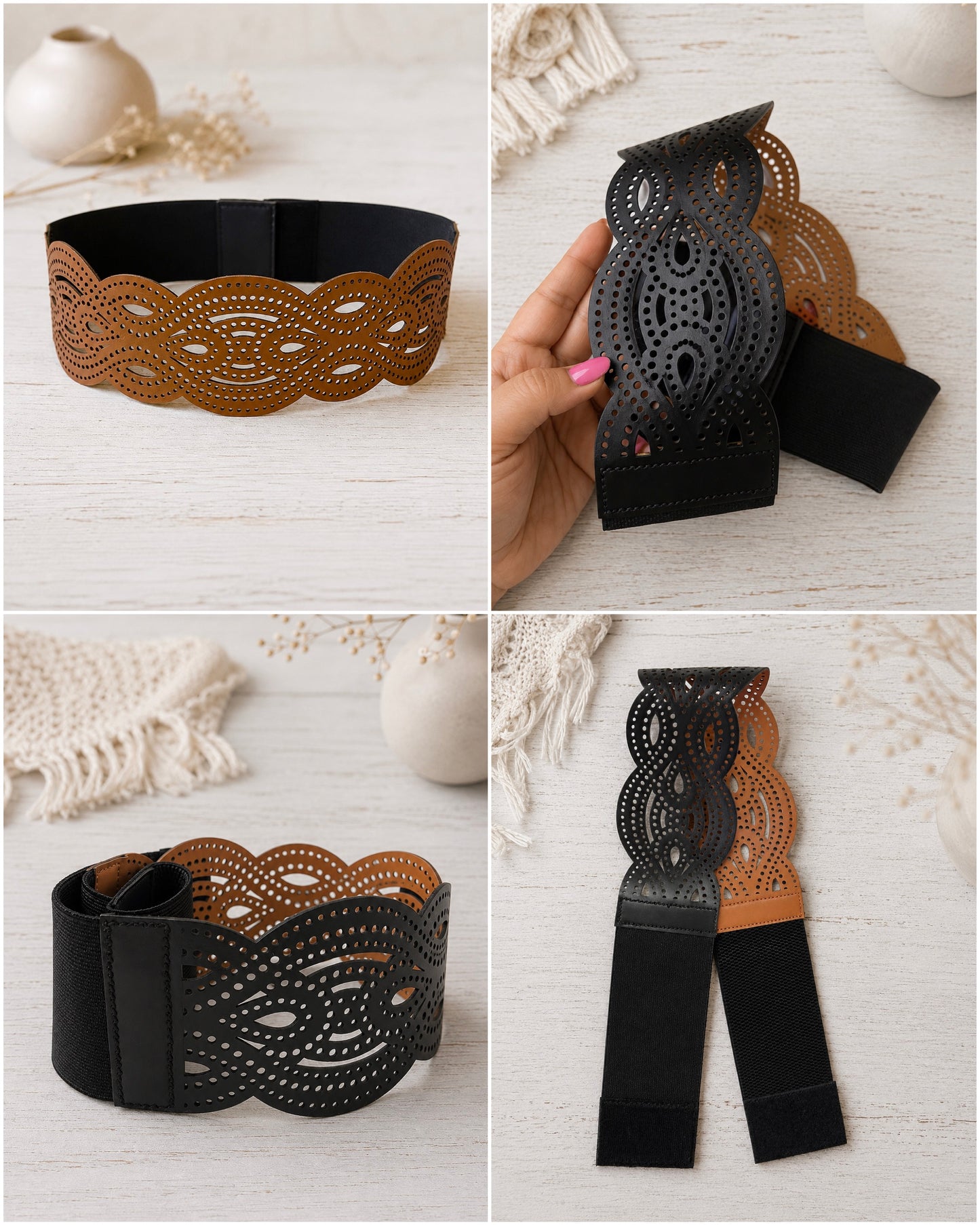 Leather Unique Cutwork Reversible Wide Waist Belt - Black and Camel