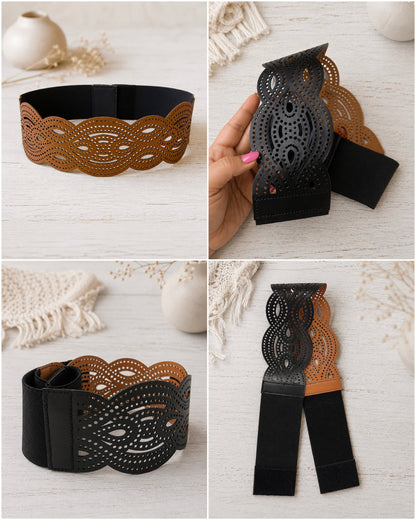 Leather Unique Cutwork Reversible Wide Waist Belt - Black and Camel