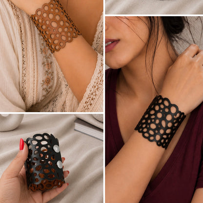 Leather Statement Cutwork Reversible Cuff Bracelet - Black and Camel