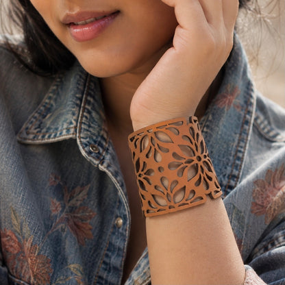 Leather Statement Cutwork Reversible Cuff Bracelet - Black and Camel