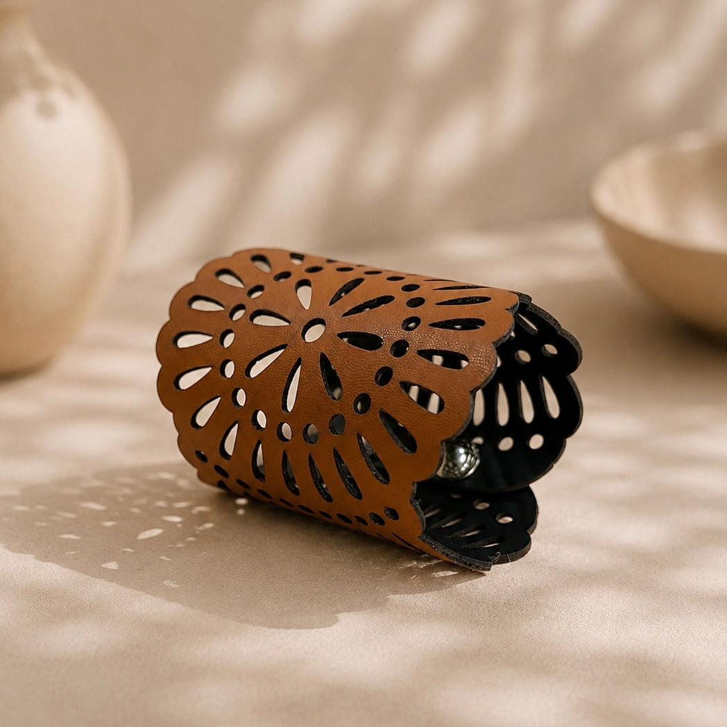 Leather Statement Cutwork Reversible Cuff Bracelet - Black and Camel