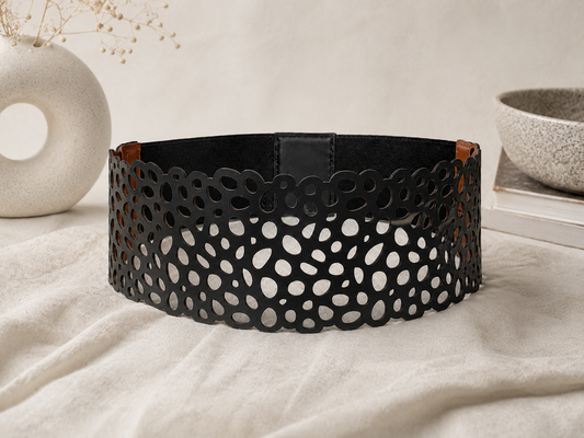 Leather Contemporary Cutwork Reversible Wide Waist Belt - Black and Camel