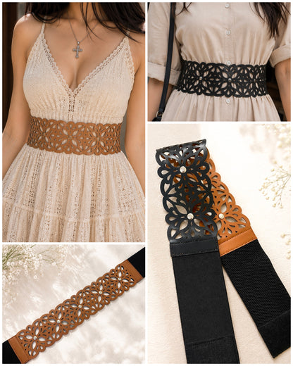 Leather Cutwork Reversible Wide Waist Belt with Rivets - Black and Camel