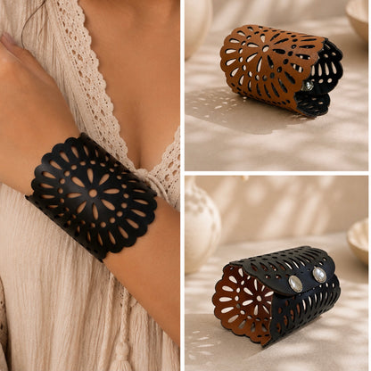Leather Statement Cutwork Reversible Cuff Bracelet - Black and Camel