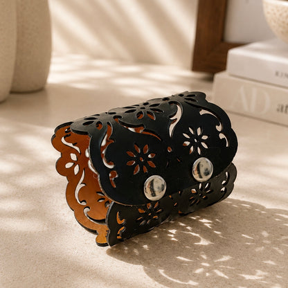 Leather Statement Cutwork Reversible Cuff Bracelet - Black and Camel