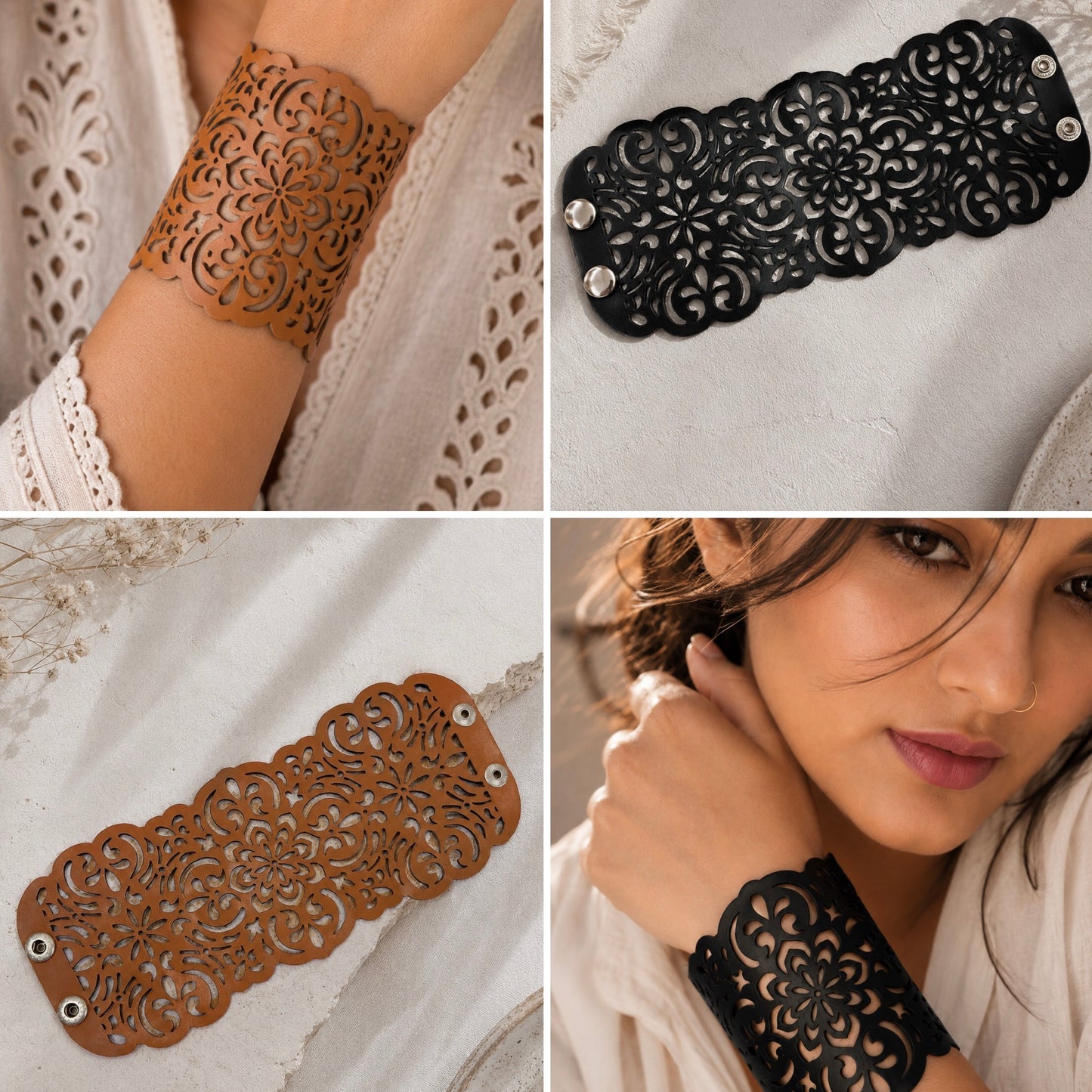 Leather Statement Cutwork Reversible Cuff Bracelet - Black and Camel