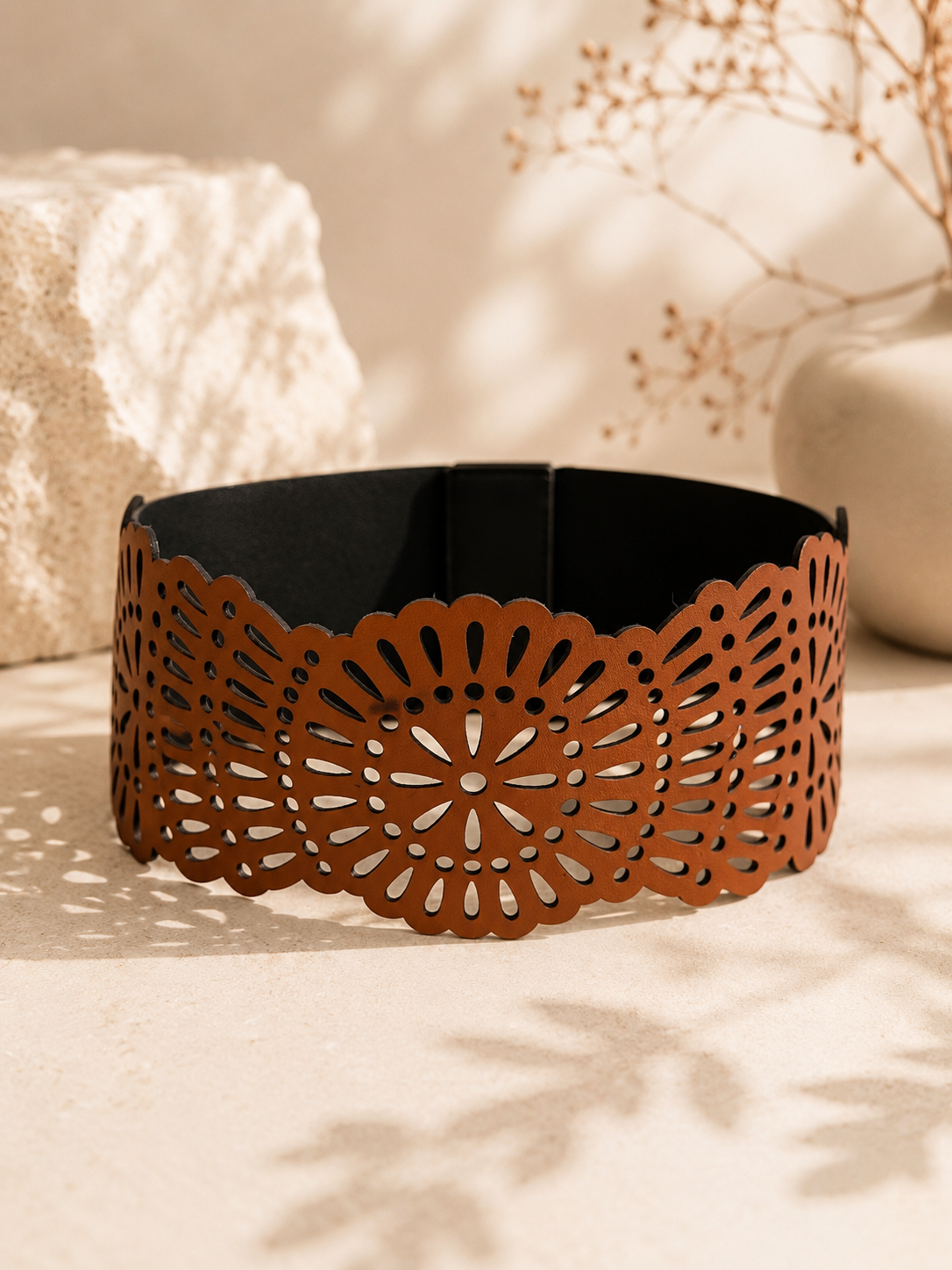 Leather Scalloped Cutwork Reversible Wide Waist Belt - Black and Camel