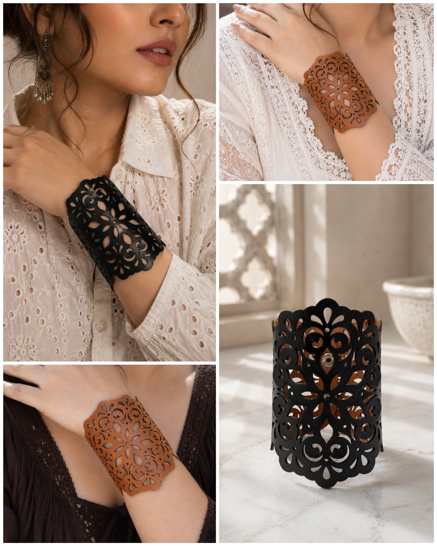 Leather Statement Cutwork Reversible Cuff Bracelet - Black and Camel