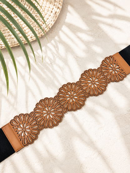 Leather Cutwork Reversible Wide Boho Waist Belt - Black and Camel