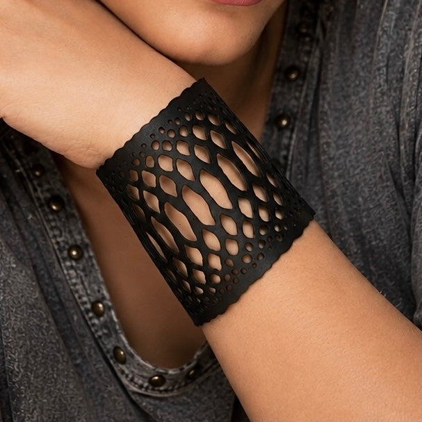 Leather Statement Cutwork Reversible Cuff Bracelet - Black and Camel