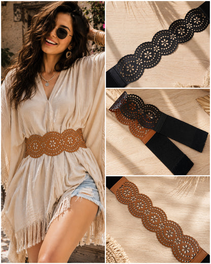 Leather Cutwork Reversible Fun Wide Waist Belt - Black and Camel